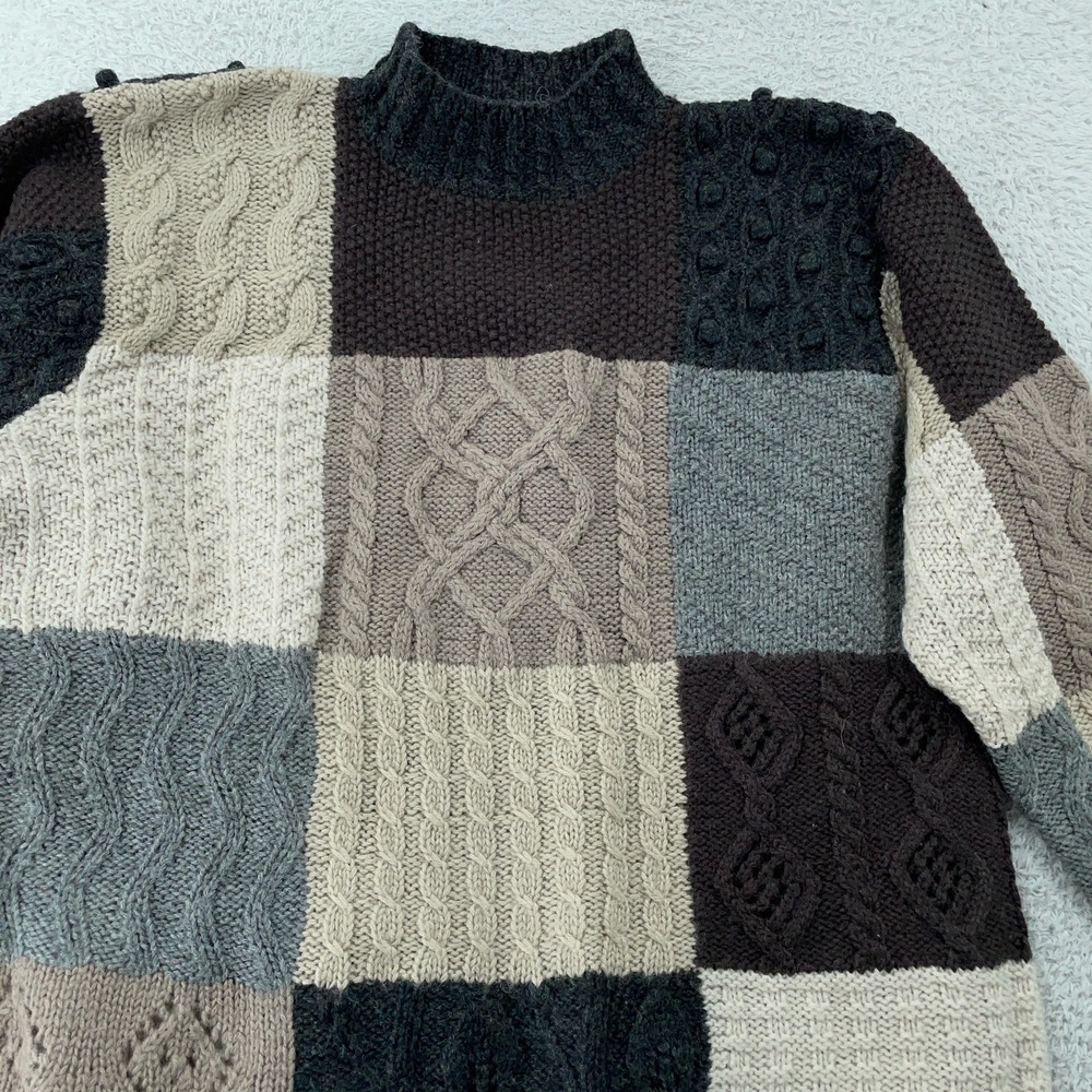 L.L. Bean Sweater Womens Large Patchwork Cable Knit Wool‎ Mock Neck Gray Brown